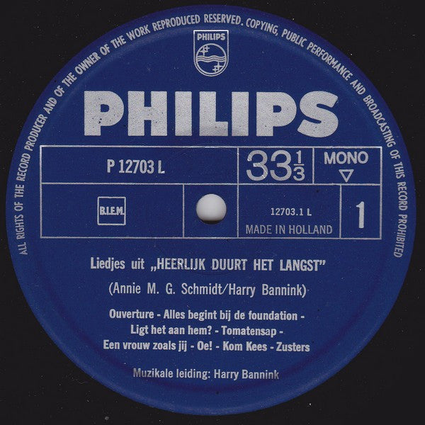 Annie M.G. Schmidt, Harry Bannink, Conny Stuart, Leen Jongewaard, André Van Den Heuvel : Liedjes Uit "Heerlijk Duurt Het Langst" (LP, Mono)
