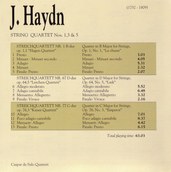 Joseph Haydn, Caspar da Salo Quartet : String Quartets No. 1, 3 & 5 (CD, Album)