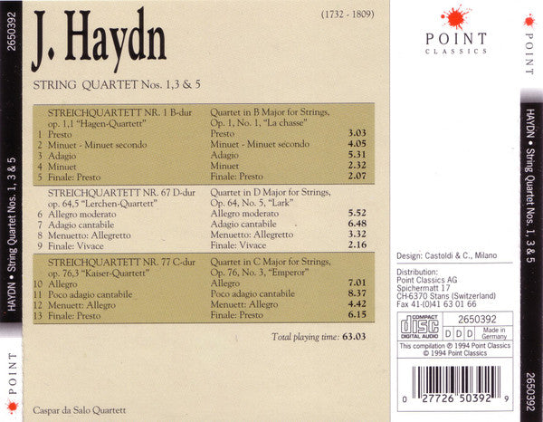 Joseph Haydn, Caspar da Salo Quartet : String Quartets No. 1, 3 & 5 (CD, Album)