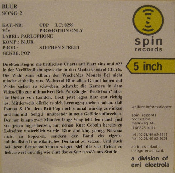 Blur : Song 2 (CD, Single, Promo, Car)