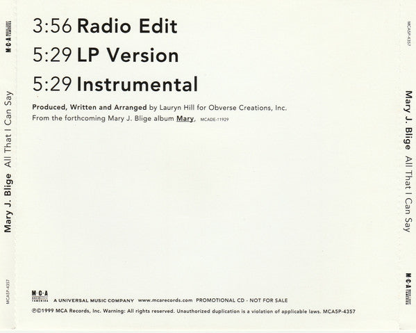 Mary J. Blige : All That I Can Say (CD, Single, Promo)