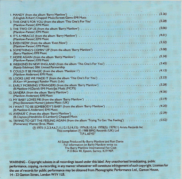Barry Manilow : Reflections (CD, Comp, RM)