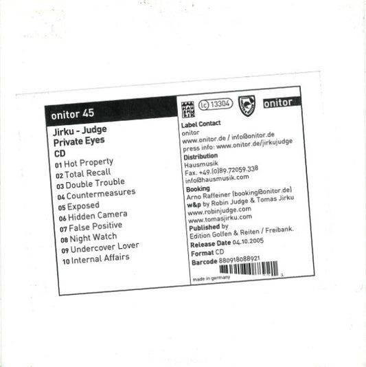 Jirku / Judge : Private Eyes (CD, Album, Promo)