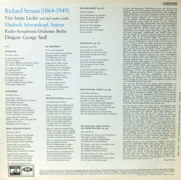 Richard Strauss, Elisabeth Schwarzkopf, George Szell, Radio-Symphonie-Orchester Berlin : Vier Letzte Lieder (LP, RE)