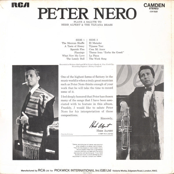 Peter Nero : Peter Nero Plays A Salute To Herb Alpert & The Tijuana Brass (LP, Album, RE)