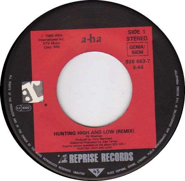 a-ha : Hunting High And Low (Remix) (7", Single)