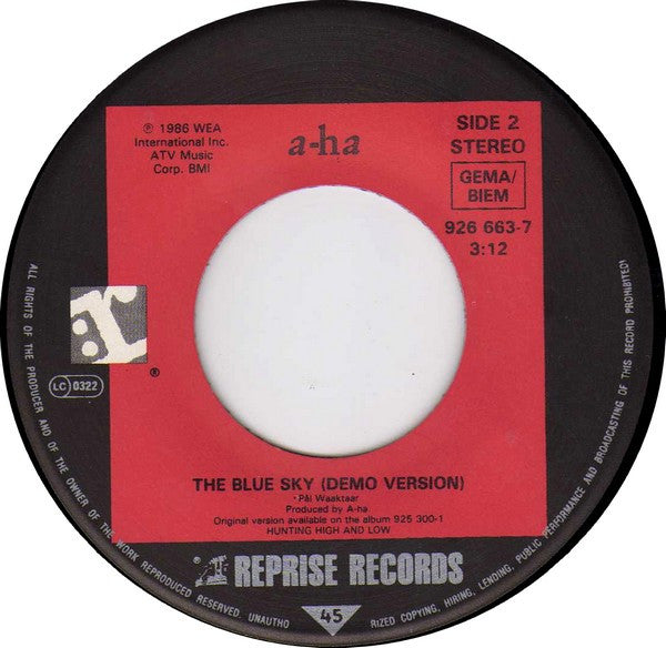 a-ha : Hunting High And Low (Remix) (7", Single)