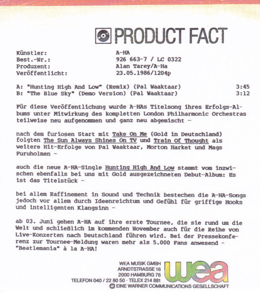 a-ha : Hunting High And Low (Remix) (7", Single)