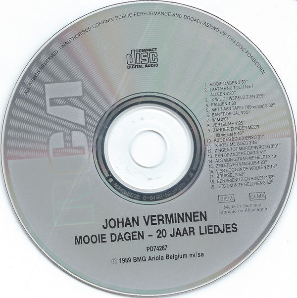 Johan Verminnen : Mooie Dagen - 20 Jaar Liedjes (CD, Comp)