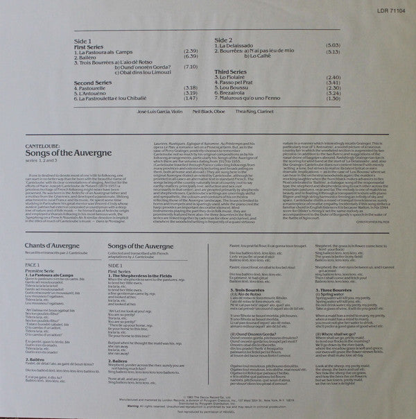 Joseph Canteloube / Kiri Te Kanawa : Songs Of The Auvergne (LP, Album)