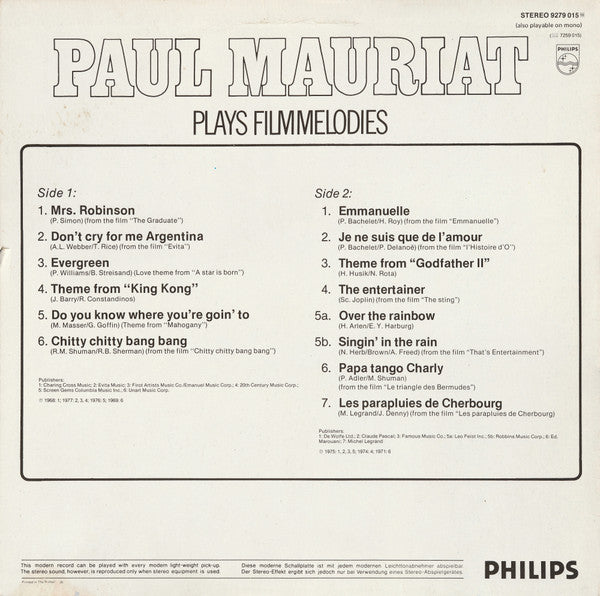 Paul Mauriat : Paul Mauriat Plays Filmmelodies (LP, Comp)