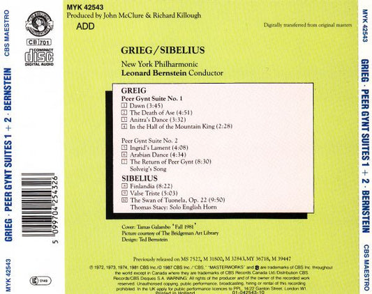 Edvard Grieg / Jean Sibelius - New York Philharmonic, Leonard Bernstein : Peer Gynt Suites No. 1 & 2 / Valse Triste, Finlandia, The Swan Of Tuonela (CD, Comp, RM)