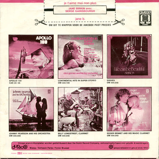 Jane Birkin Avec Serge Gainsbourg : Je T'aime Moi Non Plus / Jane B. (7", Single, Mono)