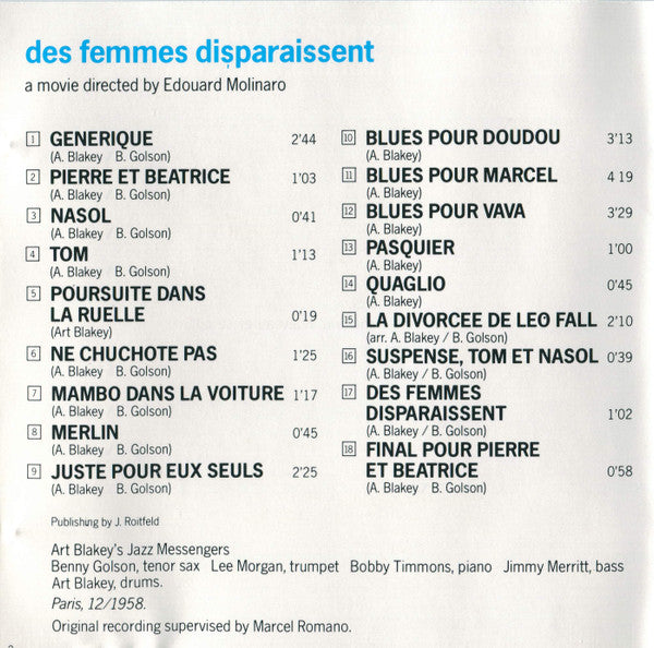 Art Blakey & The Jazz Messengers / Stan Getz - Roy Eldridge - Coleman Hawkins - Dizzy Gillespie : Des Femmes Disparaissent / Les Tricheurs (Original Soundtracks) (CD, Comp)