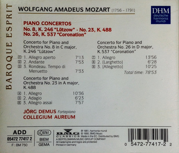 Wolfgang Amadeus Mozart – Jörg Demus · Collegium Aureum : Piano Concertos No.8, K.246 / No.23, K.488 / No.26, K.537 "Coronation" (CD, Comp)