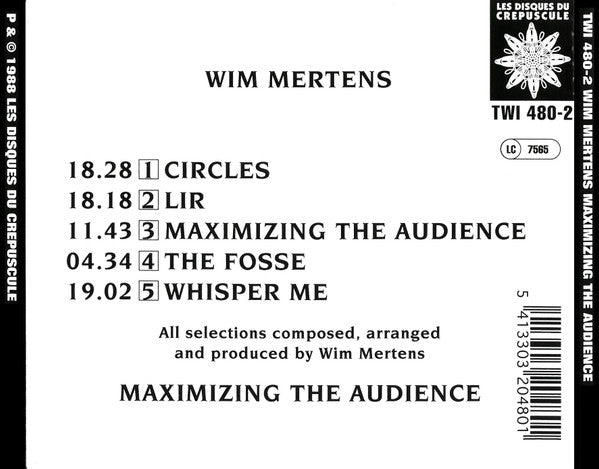 Wim Mertens : Maximizing The Audience (CD, Album, RE)