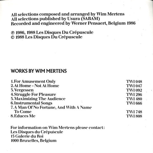 Wim Mertens : A Man Of No Fortune, And With A Name To Come (CD, Album, RE)