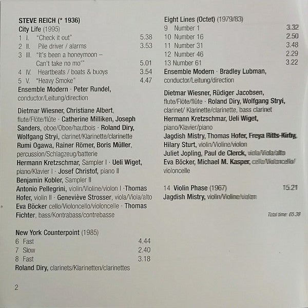 Steve Reich - Ensemble Modern : City Life • New York Counterpoint • Eight Lines • Violin Phase (CD, Album)