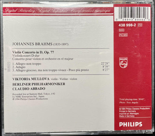 Johannes Brahms, Viktoria Mullova, Berliner Philharmoniker, Claudio Abbado : Violin Concerto (Live In Tokyo) (CD, Album, PMD)