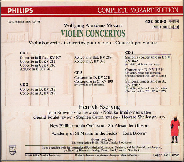 Wolfgang Amadeus Mozart : Violin Concertos (4xCD, Comp + Box, Sli)