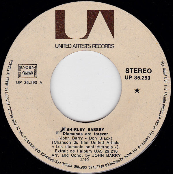 Shirley Bassey : Chanson Du Film "Les Diamants Sont Eternels" (Diamonds Are Forever) (7", Single)