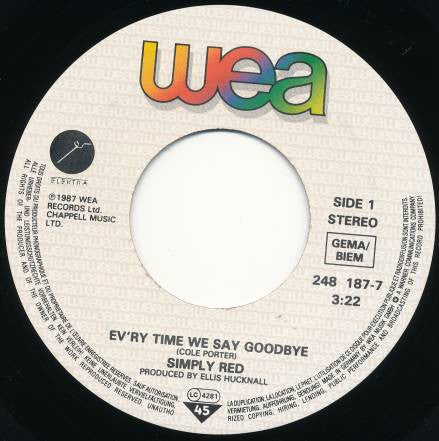 Simply Red : Ev'ry Time We Say Goodbye (7", Single)