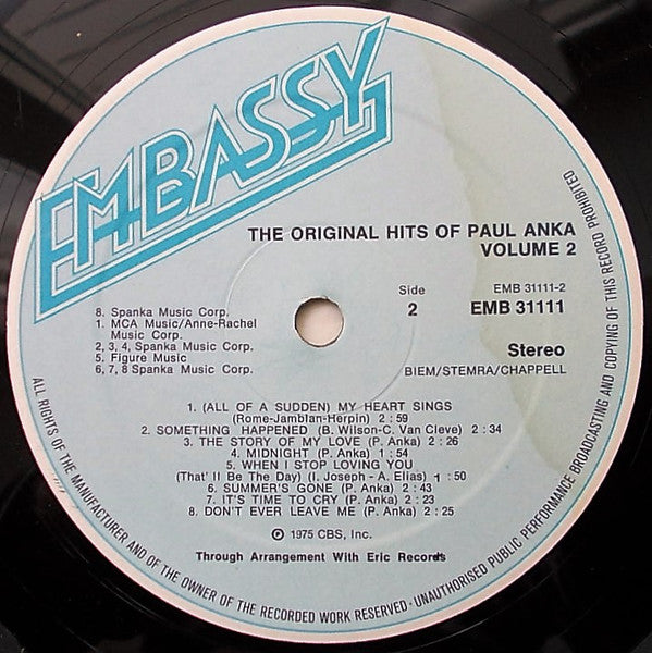 Paul Anka : The Original Hits Of Paul Anka Vol. 2 (LP, Comp)