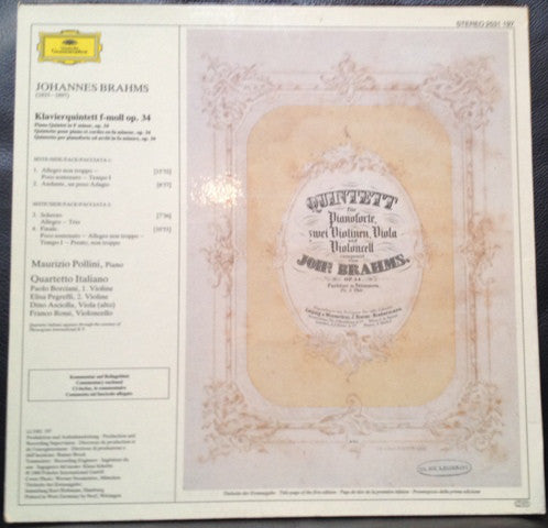 Johannes Brahms - Maurizio Pollini · Quartetto Italiano : Klavierquintett Op. 34 ·  Piano Quintet (LP)