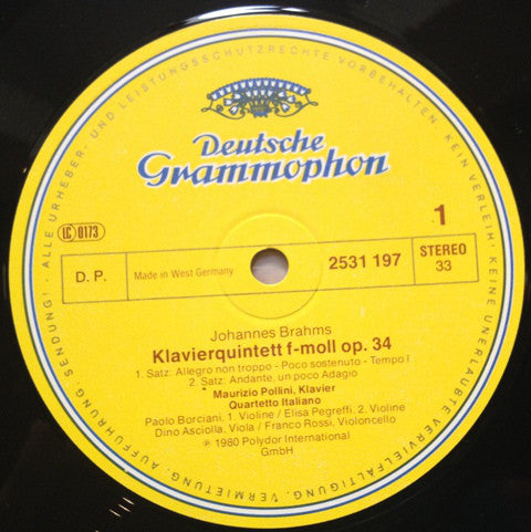 Johannes Brahms - Maurizio Pollini · Quartetto Italiano : Klavierquintett Op. 34 ·  Piano Quintet (LP)