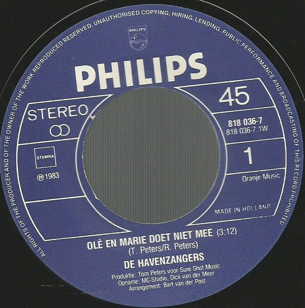 De Havenzangers : Olé En Marie Doet Niet Mee (7", Single)