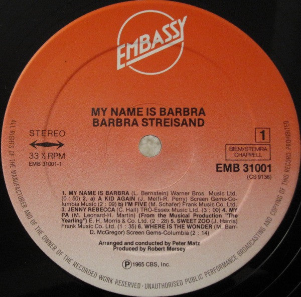 Barbra Streisand : My Name Is Barbra (LP, Album, RE)