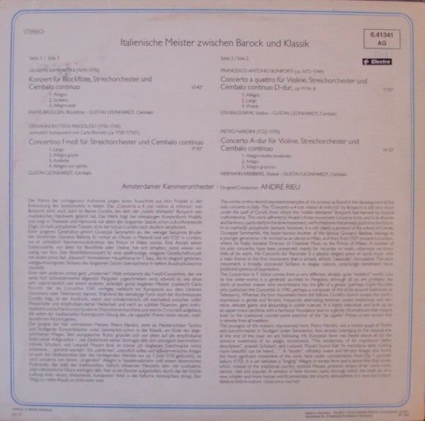 Giuseppe Sammartini • Giovanni Battista Pergolesi • Francesco Antonio Bonporti • Pietro Nardini / Frans Brüggen, Gustav Leonhardt : Italienische Meister Zwischen Barock Und Klassik (LP, Album, RE)