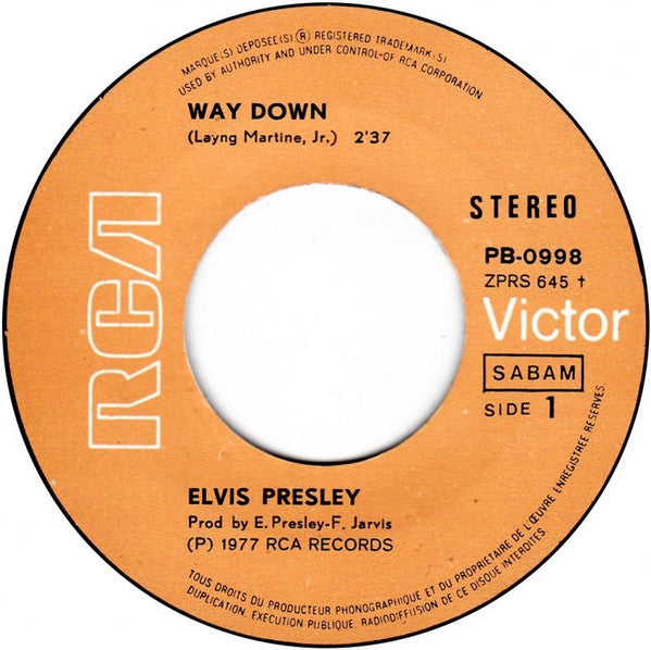 Elvis Presley : Way Down (7", Single)