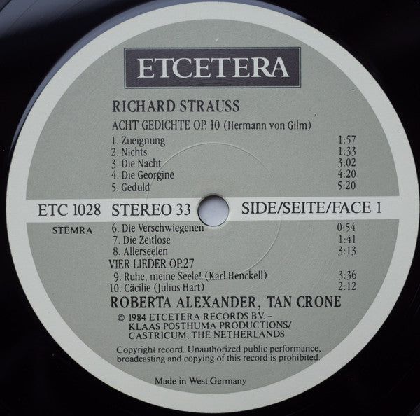 Richard Strauss - Roberta Alexander • Tan Crone : Lieder (Op. 10 • 22 • 27 • 29) (LP)
