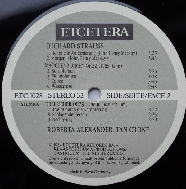 Richard Strauss - Roberta Alexander • Tan Crone : Lieder (Op. 10 • 22 • 27 • 29) (LP)