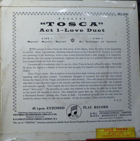 Maria Callas And Giuseppe Di Stefano With Orchestra Del Teatro Alla Scala Conducted By Victor De Sabata : Tosca - Act 1 Love Duet (7", EP, Mono)