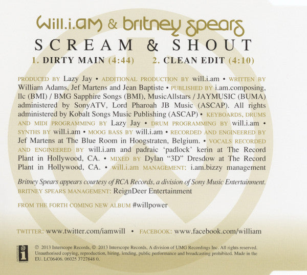 Will I Am & Britney Spears : Scream & Shout (CD, Single)