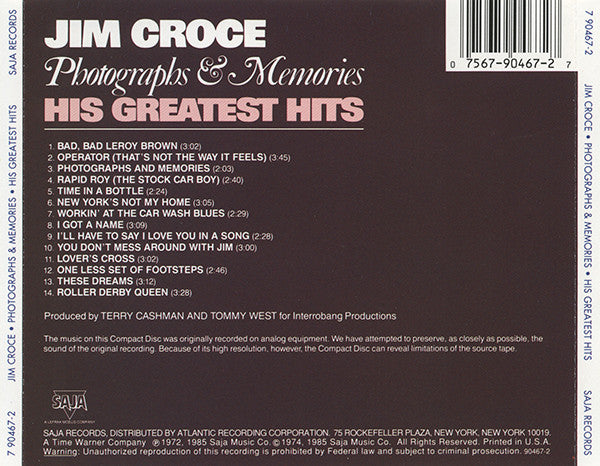 Jim Croce : Photographs & Memories (His Greatest Hits) (CD, Comp, RE)