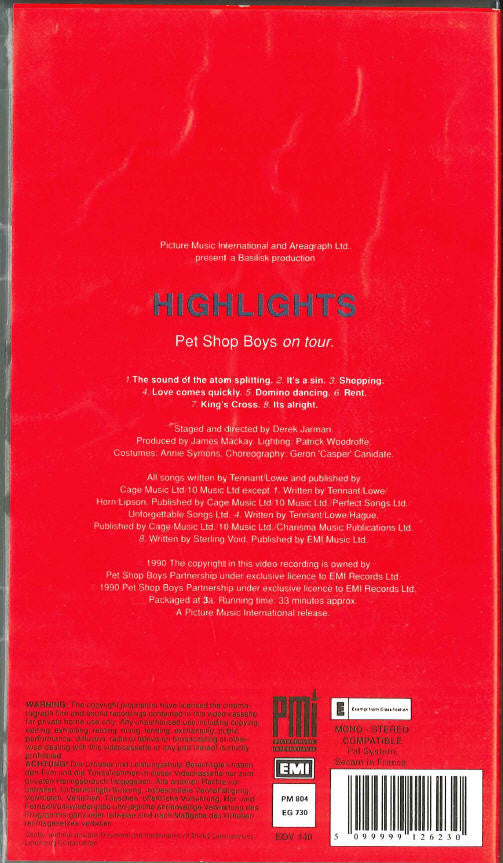 Pet Shop Boys : Highlights (Pet Shop Boys On Tour.) (VHS, SECAM)