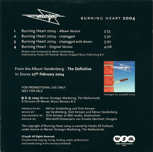 Vandenberg : Burning Heart 2004 (CD, Single, Promo, Car)