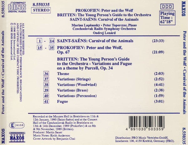 Prokofiev*, Britten*, Saint-Saëns*, Marian Lapšansky*, Peter Toperczer, Czechoslovak Radio Symphony Orchestra*, Ondrej Lenárd : Peter And The Wolf / The Young Person's Guide To The Orchestra / Carnival Of The Animals (CD, Album)