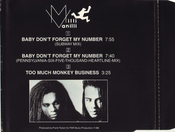 Milli Vanilli : Baby Don't Forget My Number (Subway Mix) (CD, Maxi)