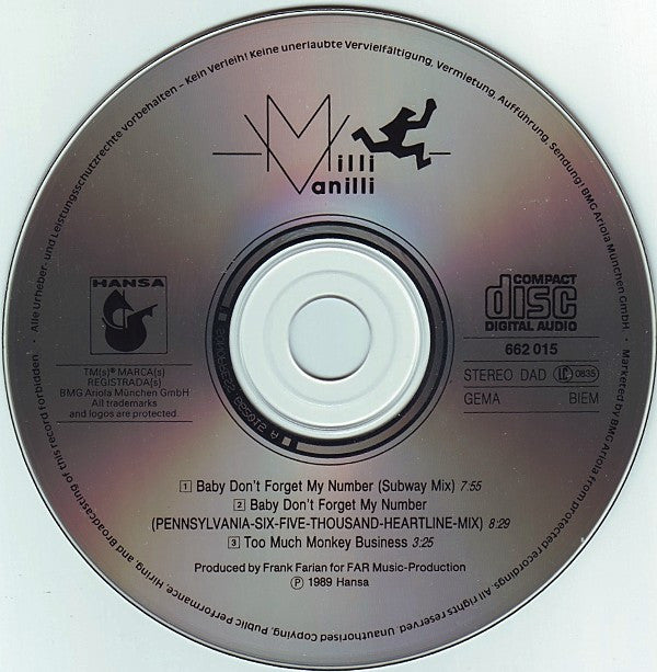 Milli Vanilli : Baby Don't Forget My Number (Subway Mix) (CD, Maxi)