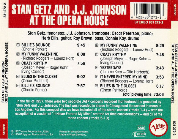 Stan Getz And J.J. Johnson : At The Opera House (CD, Album, RE, RM)