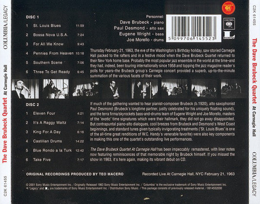 The Dave Brubeck Quartet : At Carnegie Hall (2xCD, Album, RE, RM)