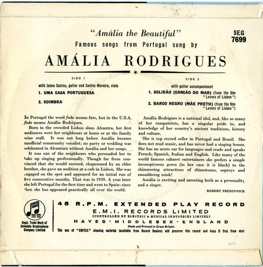 Amália Rodrigues : Amália The Beautiful - Famous Songs From Portugal (7", EP)