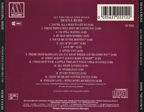 Diana Ross : All The Great Love Songs (CD, Comp, RP, PDO)
