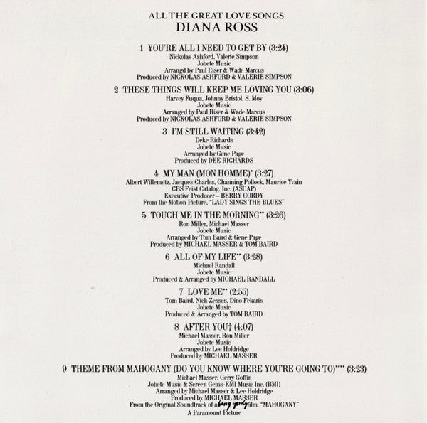 Diana Ross : All The Great Love Songs (CD, Comp, RP, PDO)