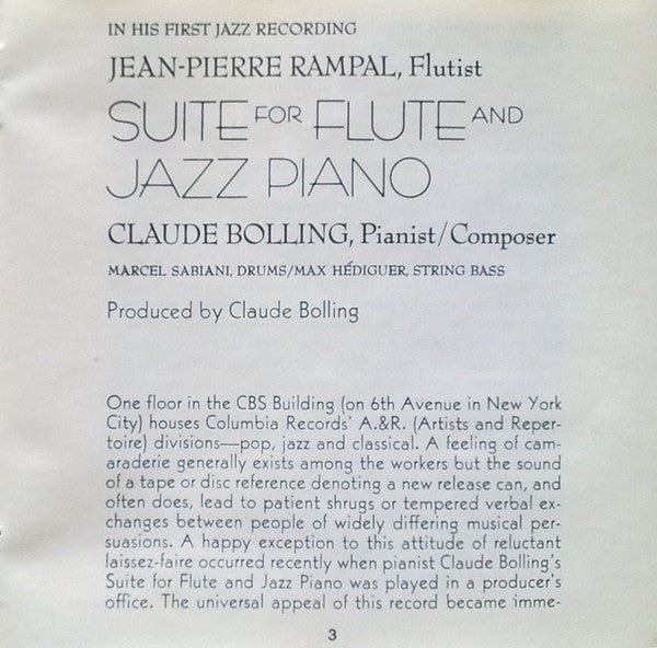 Jean-Pierre Rampal, Claude Bolling : Suite For Flute And Jazz Piano (CD, Album, RE)
