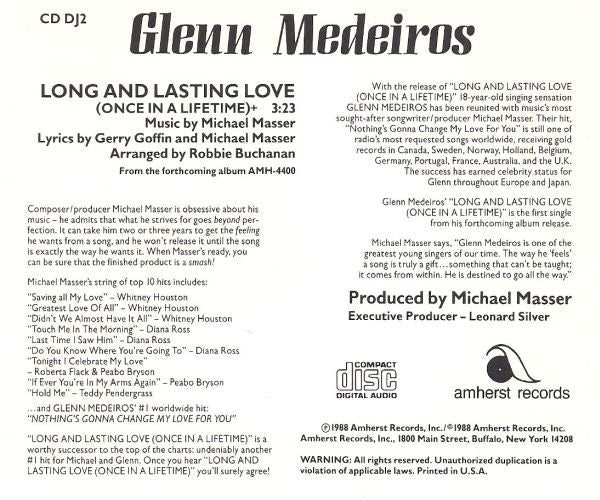 Glenn Medeiros : Long And Lasting Love (Once In A Lifetime) (CD, Single, Ltd, Promo)